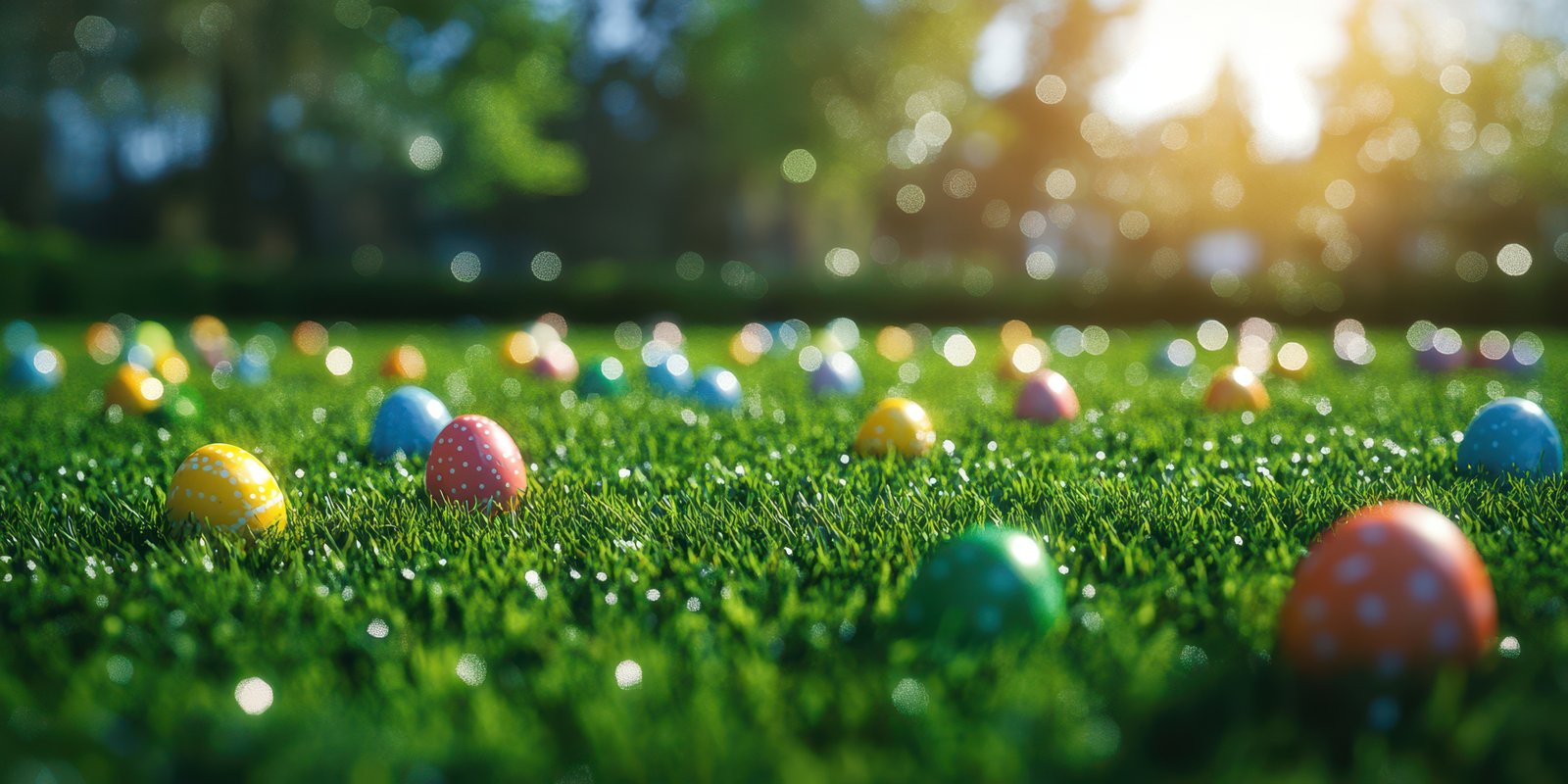 Colorful Easter eggs scattered on lush green grass during spring sunlight in a festive garden setting